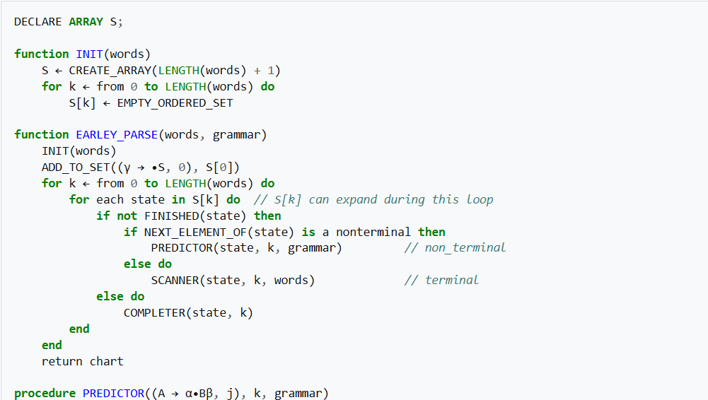 Pseudocode for the first steps of the Earley parsing algorithm, taken from wikipedia