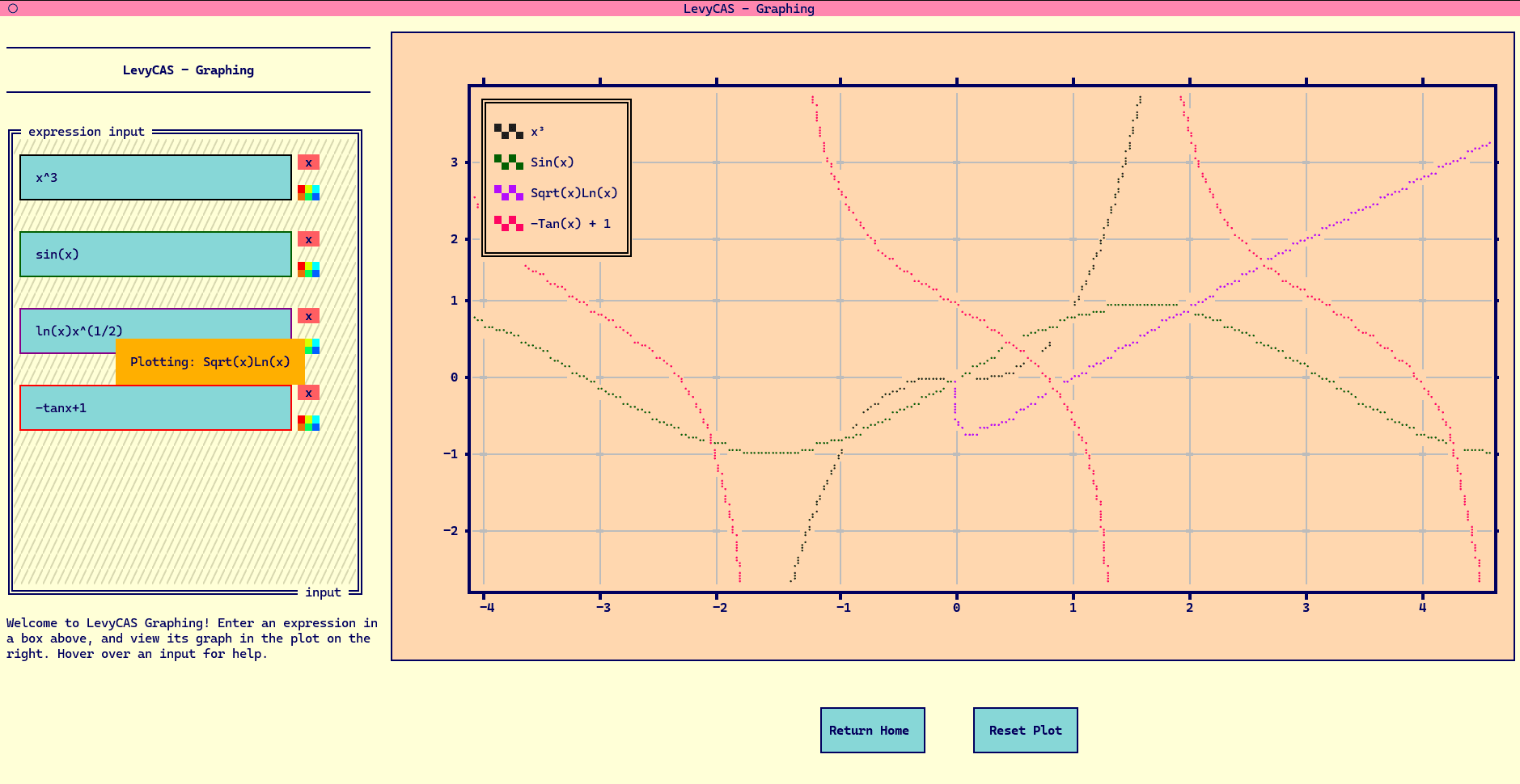 The LevyCAS demo; showing a menu with options for calculus, numerical, and polynomial operations with examples