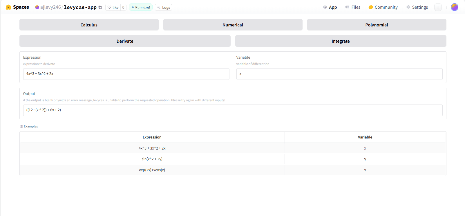 The LevyCAS demo; showing a menu with options for calculus, numerical, and polynomial operations with examples