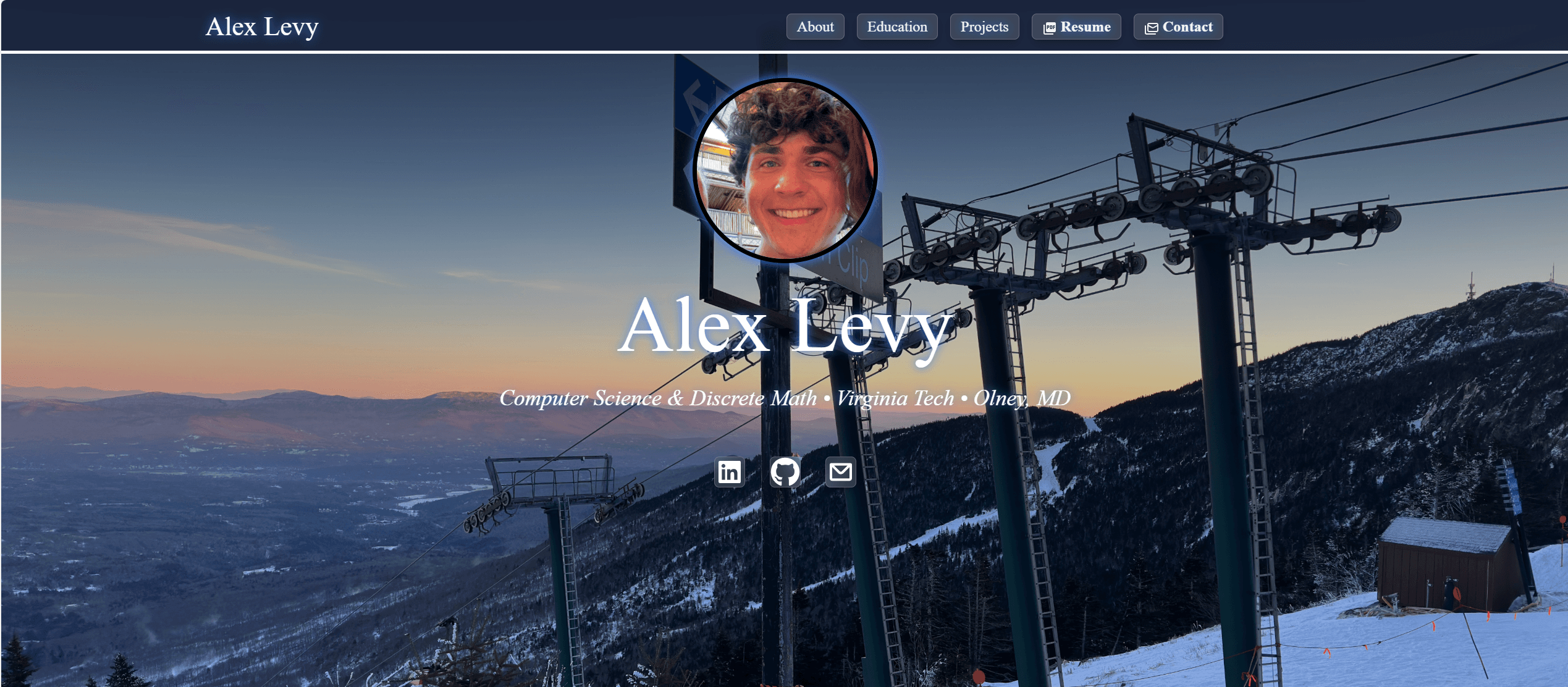 A screenshot of the homepage of my personal site, wiht a background image of Stowe, Vermont and an image of me in the foreground.